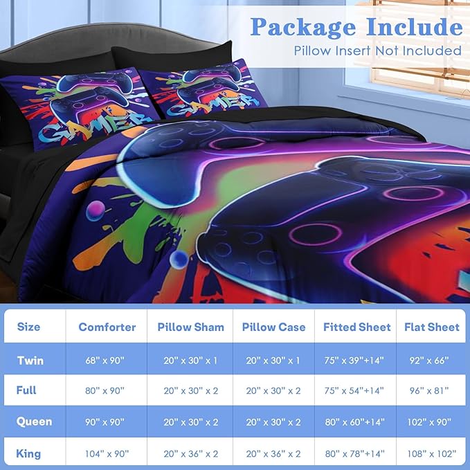 Comforter Set Full Size, Game Graffiti 7 Pcs Bedding for Kids and Adults, Neon Geometric Gaming Bed Sheet Sets with Fitted Sheet 2 Pillowcase & 2 Sham for Bedroom Bed Decor
