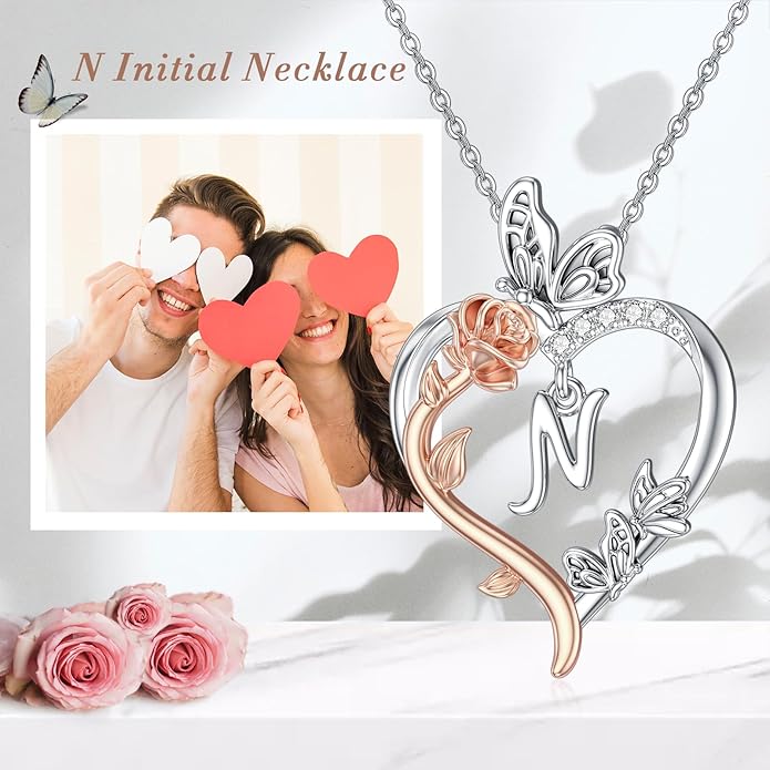 TOUPOP Rose Heart Necklaces Gifts for Women 925 Sterling Silver Butterfly Heart Initial Necklace Anniversary Valentines Day Birthday Jewelry Gifts for Mom Her Wife Girlfriend Daughter