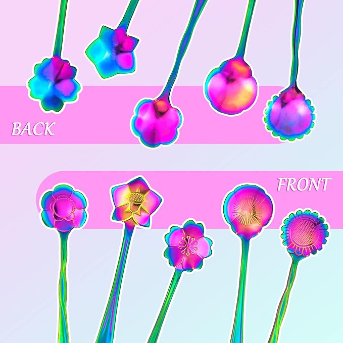 9 PCS Rainbow Flower Spoon Set, 2 Different Size Stainless Steel Reusable Teaspoons for Drink Mixing Milkshake Jam