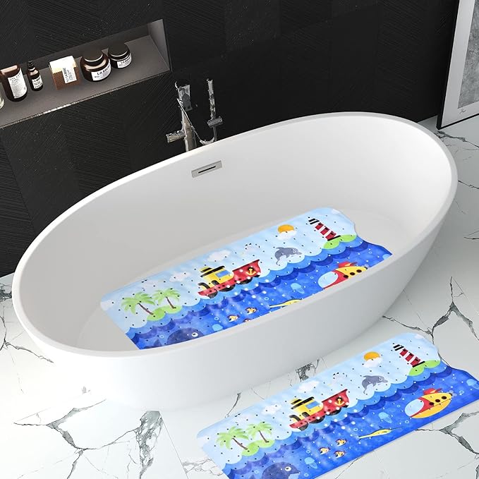 Bath Mat for Tub for Kids Non Slip Bathtub Mat for Baby Toddler Extra Long Bathroom Shower Mat with Suction Cups,Drain Holes,40X16 Inch,Ships