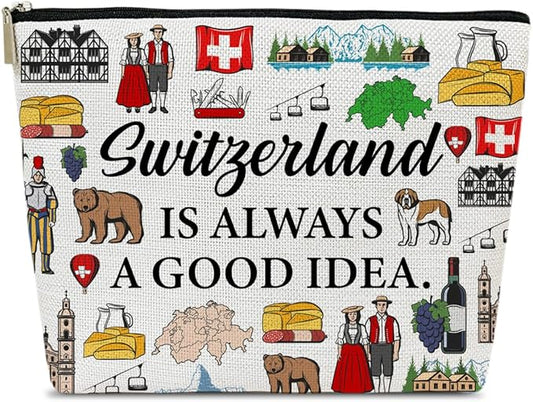 Switzerland Travel Makeup Bag, Vacation Gift, Switzerland Country Cosmetic Bag, Trip Souvenir and Travel Memory Gift, Merchandise Zipper Storage Organizer Pouch