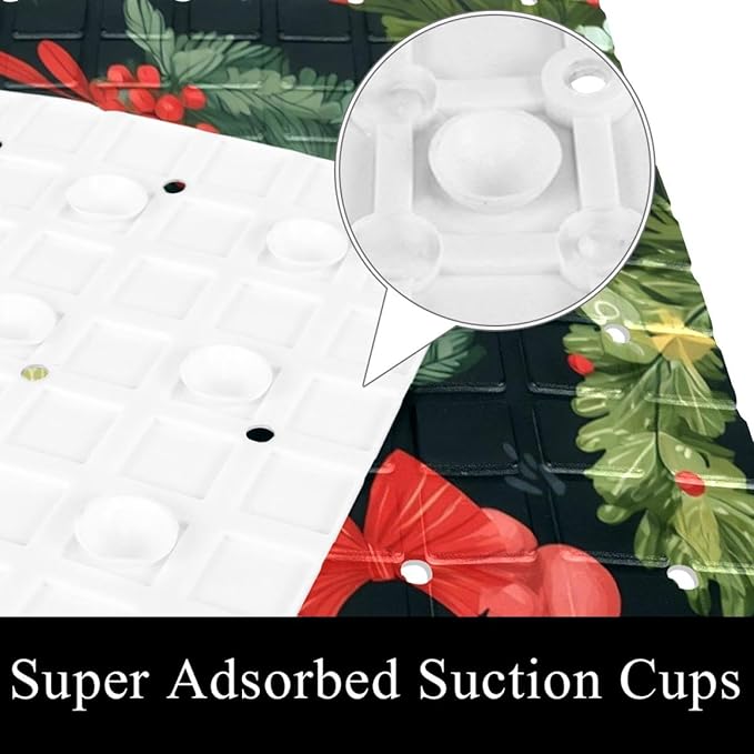 Bathtub Mats for Shower Tub, Christmas Wreath New Year Tree Cartoon Pattern Anti-Slip Bath Mats for Inside Tub, Bathroom Shower Mats with Drain Holes and Suction Cups