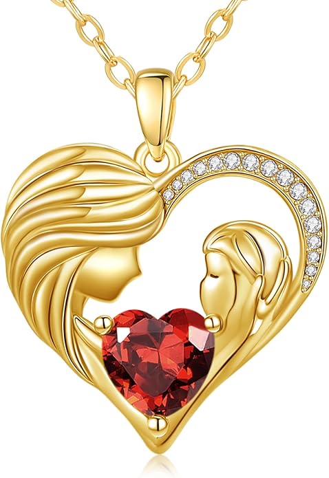 Mother and Daughter/Son Love Heart Necklace White Gold/14K Gold/Rose Gold Birthstone Jewelry Christmas Mothers Day Birthday Gifts For Mom Wife Grandma Women