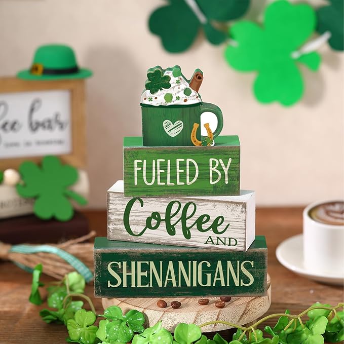 4 Pcs Wooden St. Patrick's Day Decorations Shamrock Hot Cocoa Table Centerpieces Irish Decorative Block Signs Gift Happy St. Patrick's Stacks Wooden Table Decor for Home Tiered Tray