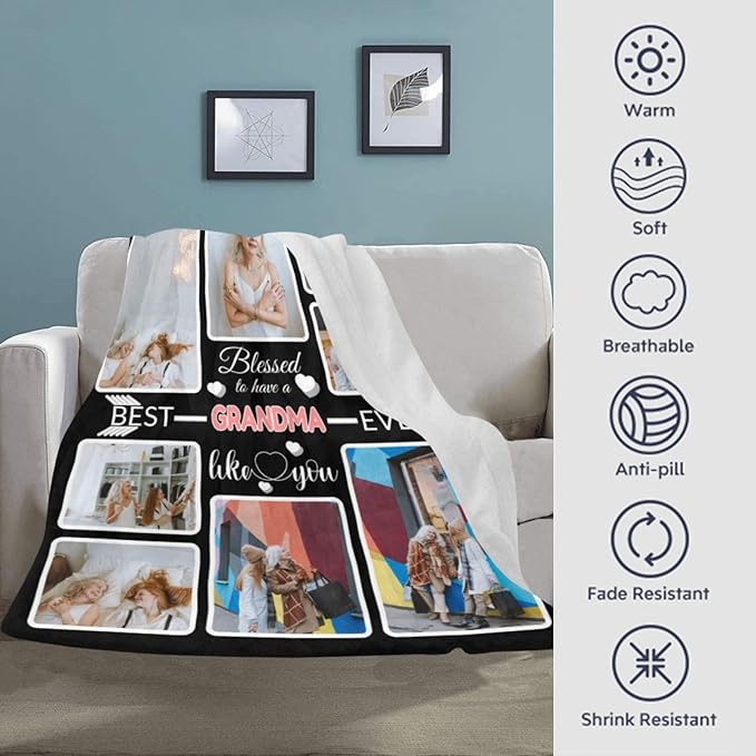 Custom Blanket Gifts for Grandma, Customized Blankets with Photos, Make a Personalized Bed Throws to My Grandma, Custom Souvenir Throw Blanket for Best Grandma Ever, 8 Collages Made in USA