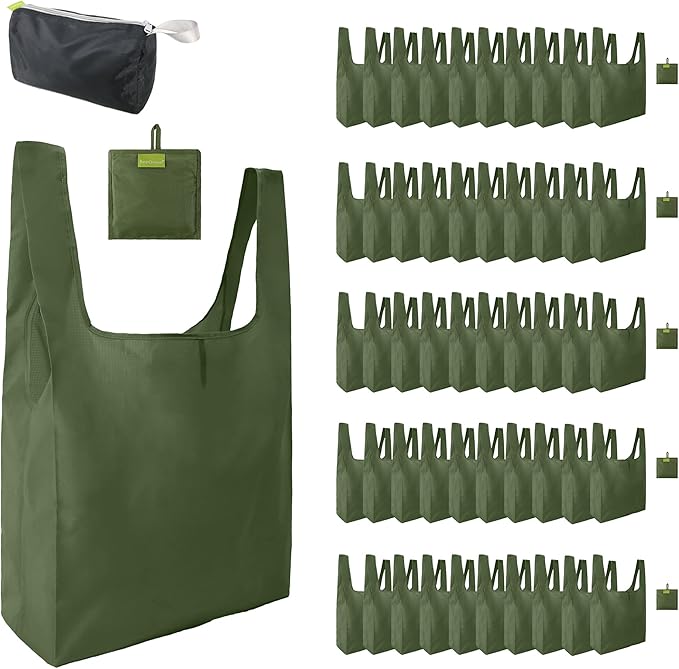 BeeGreen Green Reusable Grocery Bags Wholesale Moss Green Reusable Kitchen Bags Bulk Foldable-Machine Washable with Zipper Storage Pouch 50 Packs