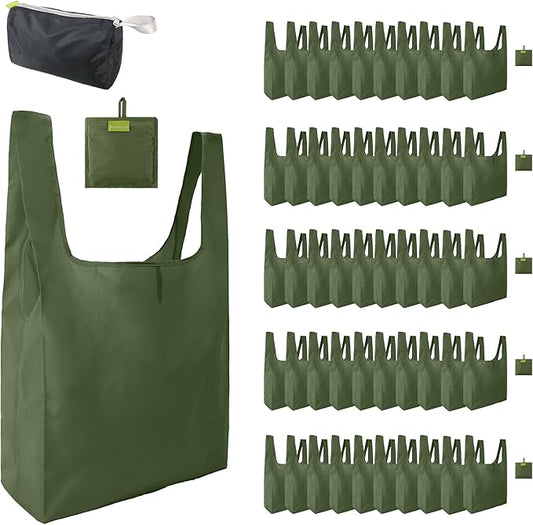 BeeGreen Green Reusable Grocery Bags Wholesale Moss Green Reusable Kitchen Bags Bulk Foldable-Machine Washable with Zipper Storage Pouch 50 Packs