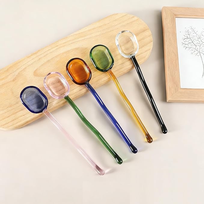 Glass Spoons 5/6 Pieces - 6.1 inch Crystal Coffee Teaspoons, Heat Resistant Long Handle Glass Drink Stirrers, Colored Translucent Spoons for Tea, Sugar, Yogurt, Dessert, Soup, Home Bar Party (5)