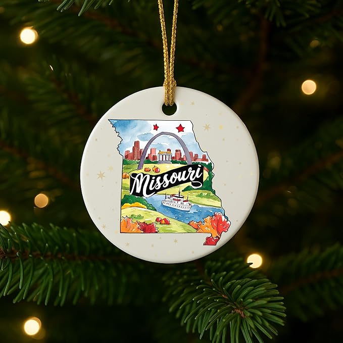USA State Landmark Ceramic Ornament – Round Glossy Christmas Decoration Featuring U.S. State Art, Landmarks & Holiday Scenery – Collectible Travel Souvenir Ornament Series (Missouri)