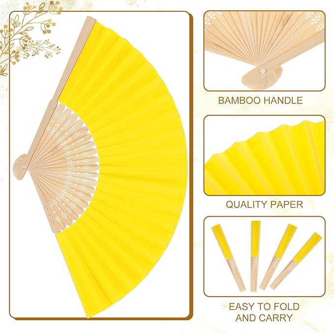 Yinkin 24 Pack Folding Fans Bamboo Handheld Folded Craft Hand Japanese Chinese Fans for Weddings Bridal Dancing Church DIY Decoration Women Gift Party Favors (Lemon Yellow)