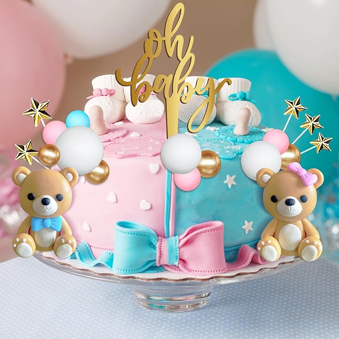 38 Pieces Bear Cake Topper Decorations Set- Oh Baby Cake Topper，Stars，Pearl Balls Cake Decoration for Gender Reveal party Baby Shower Supplies, He or She Gender Reveal Party（blue and pink）