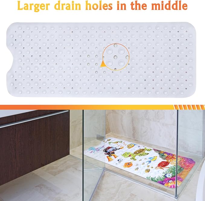 Bath Mat for Tub Non Slip, Machine Washable Anti Slip Cartoon Baby Bathtub Shower Mat with Drain Holes and Suction Cups for Toddler & Kids, 40 Inch x 16 Inch-Rectangular, Turtle