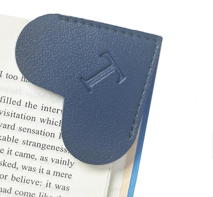 MOTEERLLU Personalized Leather Heart Bookmark with Initials, Cute Custom Corner Bookmarks for Reading Women, Men, Kids, Teachers, Book Lovers Gifts(Blue T)
