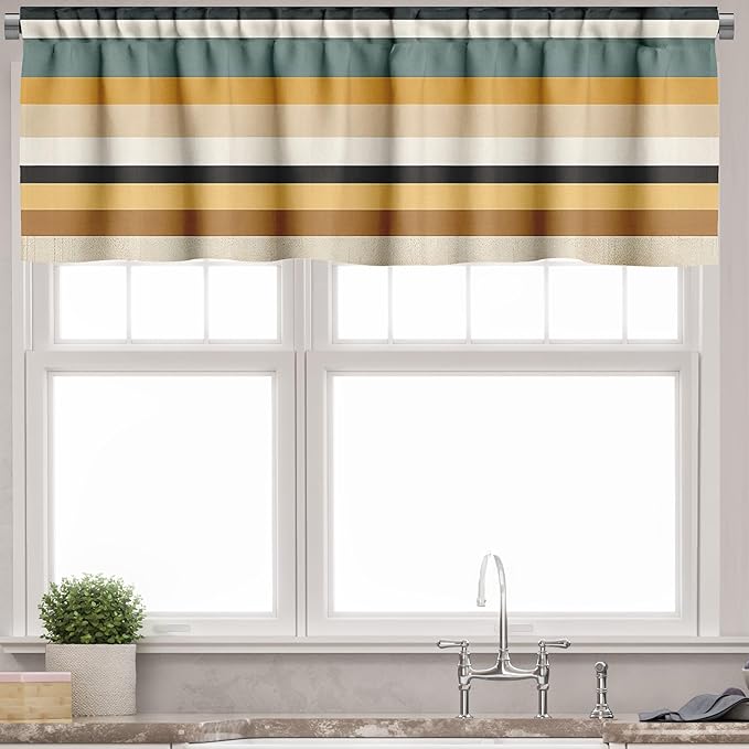 Ambesonne Stripes Window Valance, Modern Pastel Summer Tone Lines Cottagecore Feels Art Simple Designed, Curtain Valance for Kitchen Bedroom Decor with Rod Pocket, 54" X 18", Mustard Eggshell Cocoa