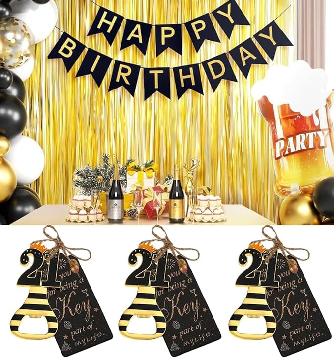 24pcs 21th Gold Keychain Bottle Opener 21th Birthday Party Favors, 21 Keychain Beer Bottle Opener Favors Anniversary Souvenirs Return Gifts for Guests Party Decor Supplies (black 21)