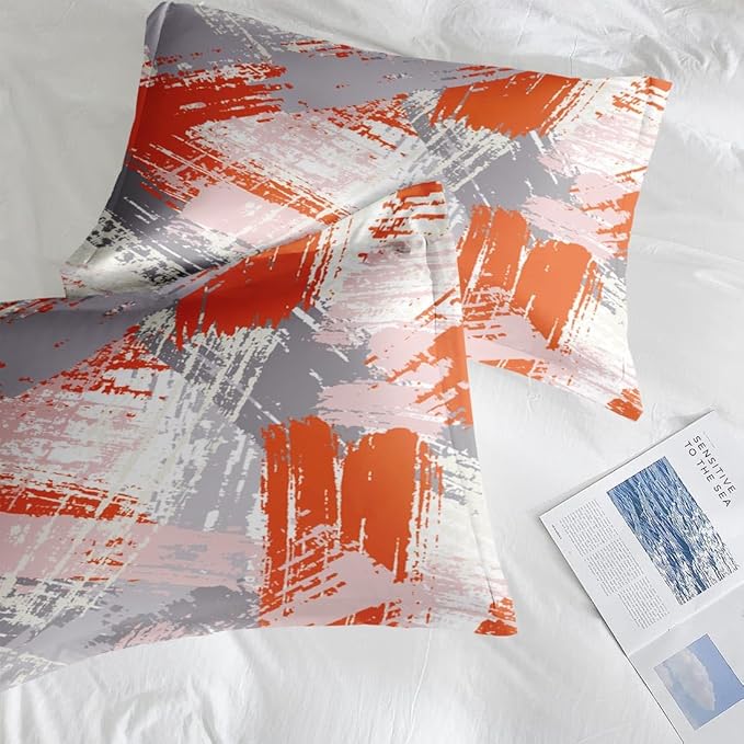 Comforter Set Twin Size, Urban Graffiti Orange Grey 5 Pcs Bedding for Kids and Adults, Abstract Paint Line Bed Sheet Sets with Fitted Sheet Pillowcase & Sham for Bedroom Bed Decor