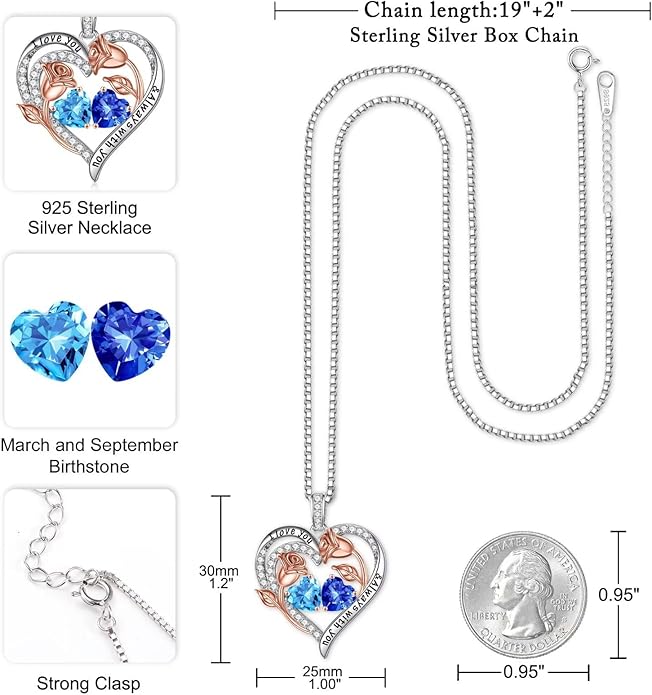 Iefil Valentines Day Gifts for Her - 925 Sterling Silver Rose Heart Birthstone Necklace Birthday Anniversary Jewelry Gifts for Her Wife Mom Daughter