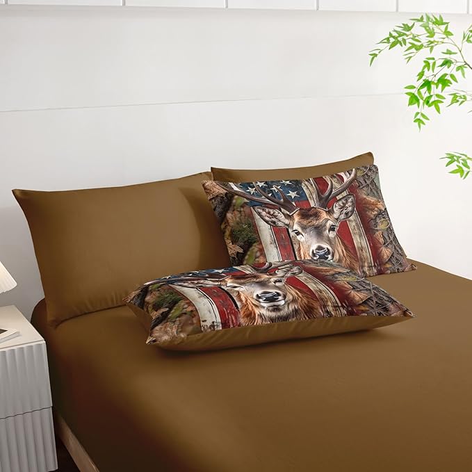 7Pcs Comforter Set American Flag Deer Printed Bedding Set with 1 Comforter, 1 Flat Sheet, 1 Fitted Sheet and 4 Pillowcases for Boys and Girls Bedroom All Season(Deer Twin)
