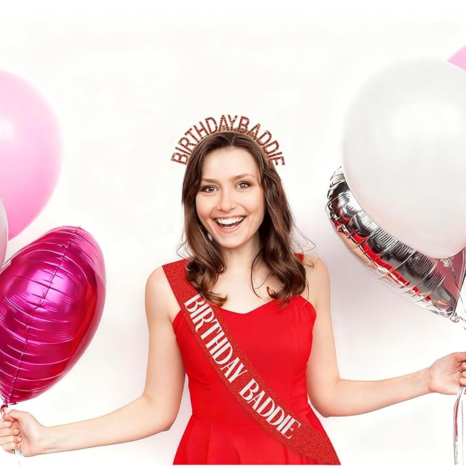 Canitor Birthday Baddie Sash Crown Set Birthday Gifts Party Favors Supplies Decorations & Accessories for Women Girl Adult Outfits Rhinestone Tiara Headband Soft Satin Sash