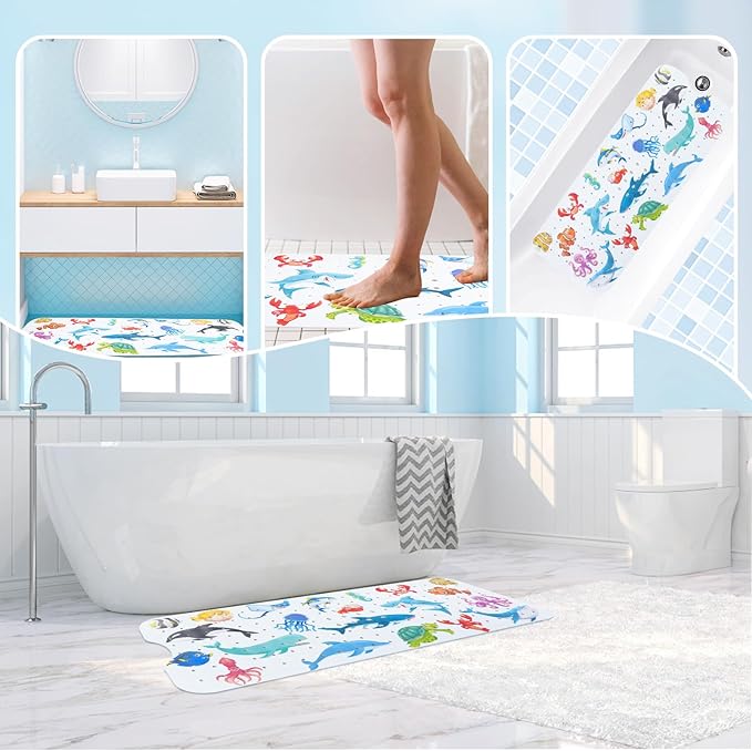 Baby Bath Mat for Tub Non Slip Kids Bathtub Mat Extra Long 40X16 Inch Toddler Bath Tub Shower Mat Anti Slip with Suction Cups & Drain Holes, Machine Washable (Ocean Animals)