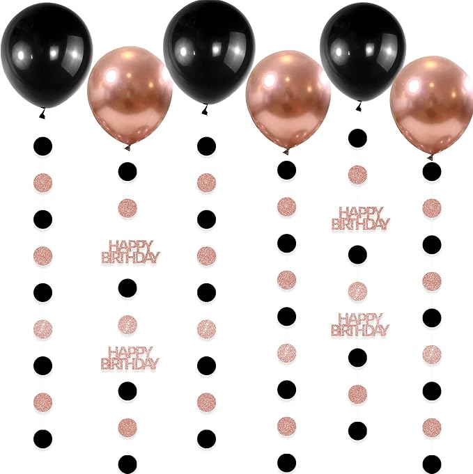 Rose Gold and Black Happy Birthday Decorations, 6PCS Glittery Circle Dots Garland and 6PCS Rose Gold/Black Balloons for Birthday Party Decor Balloon Tails