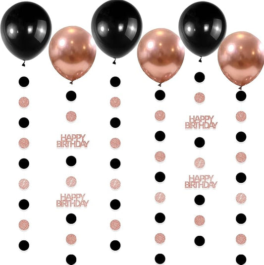 Rose Gold and Black Happy Birthday Decorations, 6PCS Glittery Circle Dots Garland and 6PCS Rose Gold/Black Balloons for Birthday Party Decor Balloon Tails