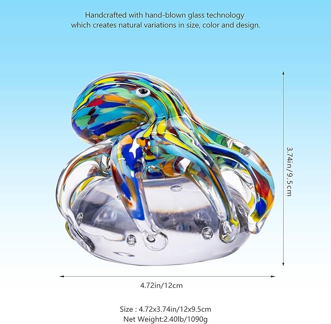 Hand Blown Art Glass Octopus Figurine on Crystal Ball | Handmade Sea Creature Collectible, Ocean Theme Desk Paperweight & Aquarium Decor (Turquoise)
