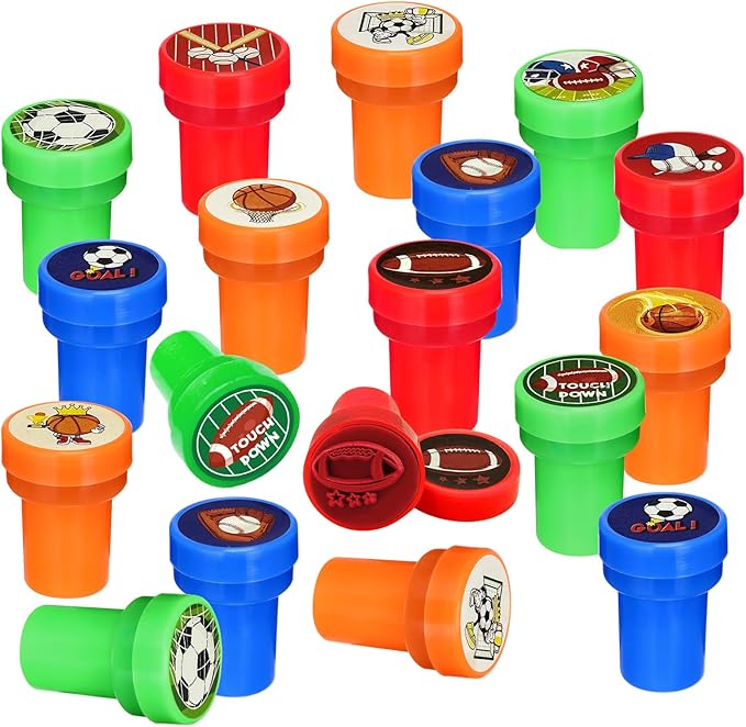Cinrobiye 24 Pcs Sports Themed Stampers for Kids，Pre-Inked Football Basketball Baseball Soccer Stamps for Birthday Party Favors Classroom Rewards Goodie Bag Fillers Sports Party Supplies (Sports)