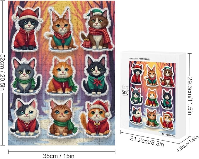 Wooden Puzzle 500 Pieces Adult - Christmas Cat Puzzle Christmas Puzzles, Holiday Puzzles, Family Toys, Party Games, Jigsaw Puzzle Challenge and Funny