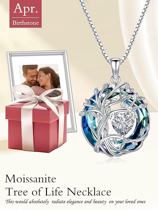 TOUPOP Tree of Life Birthstone Necklace 925 Sterling Silver Pendant Austrian Crystal Jewelry Anniversary Valentine's Day Birthday Gifts for Women Mom Her Wife