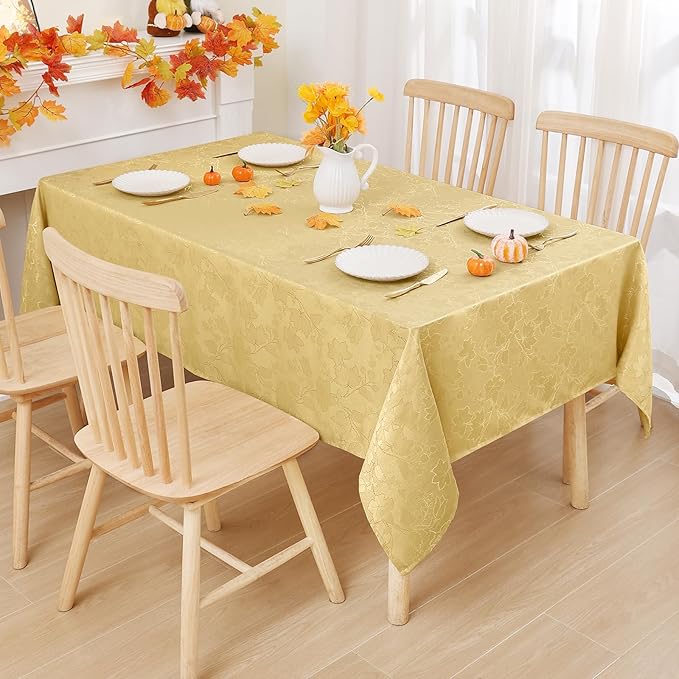 misaya Rectangle Thanksgiving Tablecloth, Waterproof Jacquard Fall Table Cloth, Damask Cloth Table Cover for Harvest Decor (60" x 102", Yellow Maple Leaf)