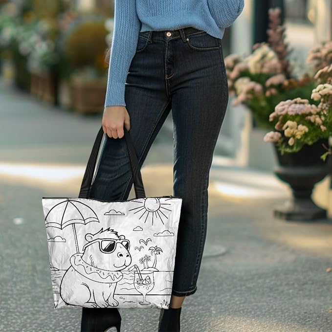 Cartoon Animal Printed DIY Coloring Tote Bag Waterproof Paper Handbags for Women Large Travel Shoulder Bags Purses