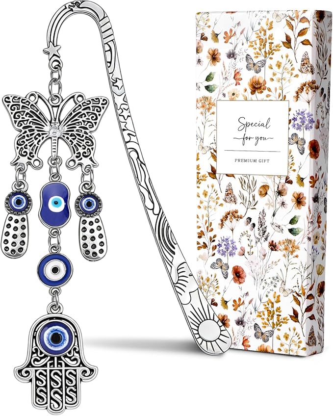 Buleens Bookmarks for Women Reading - Book Marks for Readers Book Lovers, Cute Sliver Butterfly Blue Eye Personalized Metal Bookmark with Pendants, Pretty and Aesthetic Book Accessories Reading Gifts