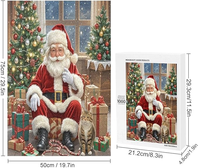 Puzzles for Adults 1000 Pieces Wooden Jigsaw Puzzle - Santa Claus and Kitten Christmas Series Theme Puzzle，Party Games，Family Toys，Educational Puzzles，Stress Relief Wooden Puzzle，Home Decoration