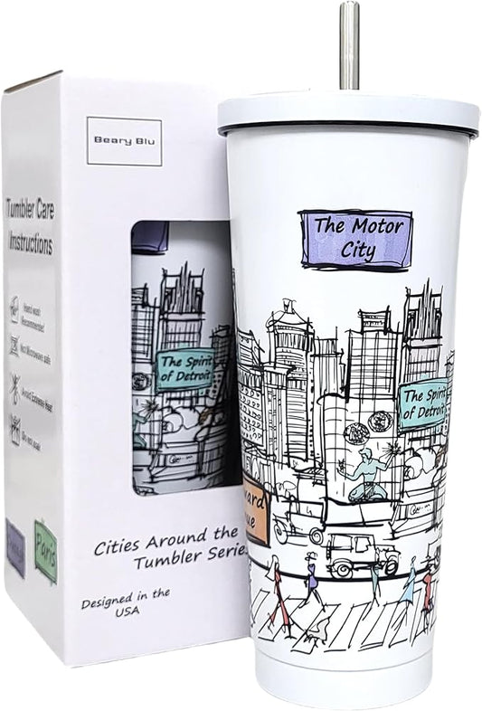 Cities Around the World 25 Oz Tumbler Series - Designed in the USA - Vacuum Insulated Tumbler with Lids & Straw - Stainless Steel Coffee Water Travel Mug, for Hot Cold Drink (Detroit)