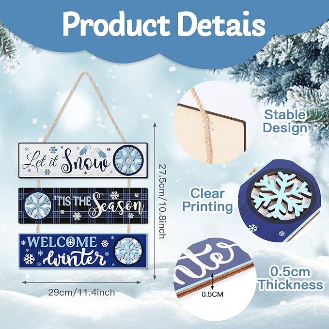 CHDITB Let It Snow Wooden Sign, Welcome Winter Front Door Sign, Snowy Snowflake Wood Hanging Plaque, Christmas Sign, Xmas Seasonal Wall Decor for Outdoor Porch Yard Home Decor