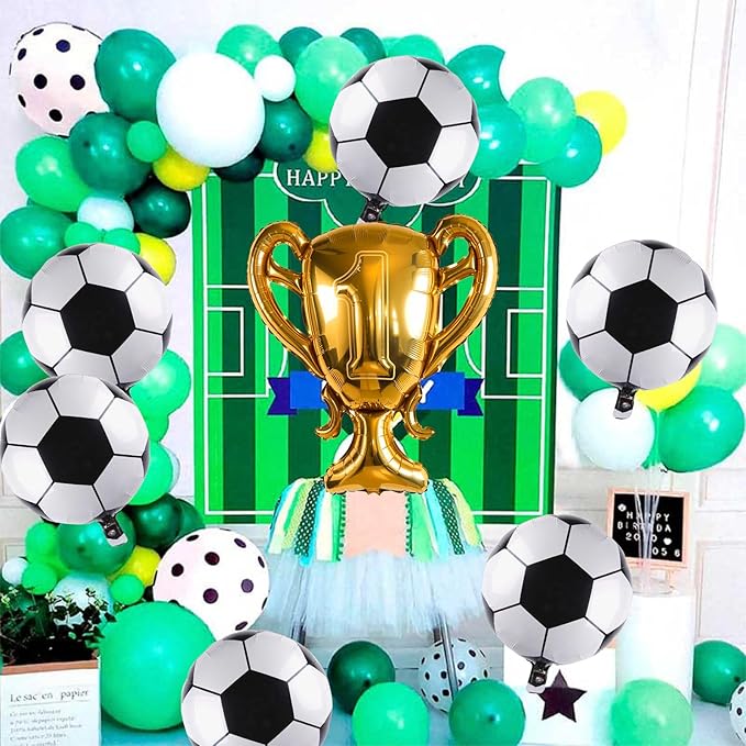 Soccer Party Balloons Set, 32 Inch Champion Trophy Mylar Foil Balloon and 6pcs Football Helium Foil Balloons, Sport Decor for Boys Kids Soccer Ball Fans Birthday Party Decoration Supplies