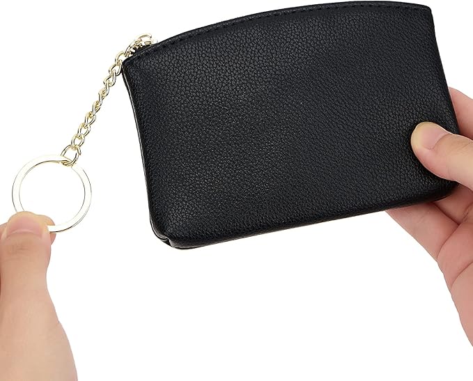 WOZEAH Artificial Leather Coin Purse Change Purse With Key Chain Ring Zipper For Men Women (A Black)