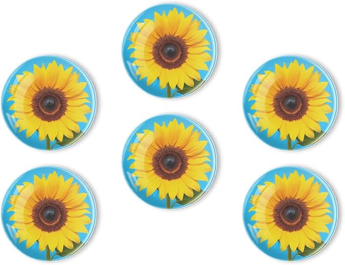 Fridge Magnets 6 Pcs Sunflower Against Blue Background Round Strong Magnetic Glass Small Refrigerator Magnet,Home Decoration for Office Whiteboards,Classrooms,Cabinet and Dishwasher