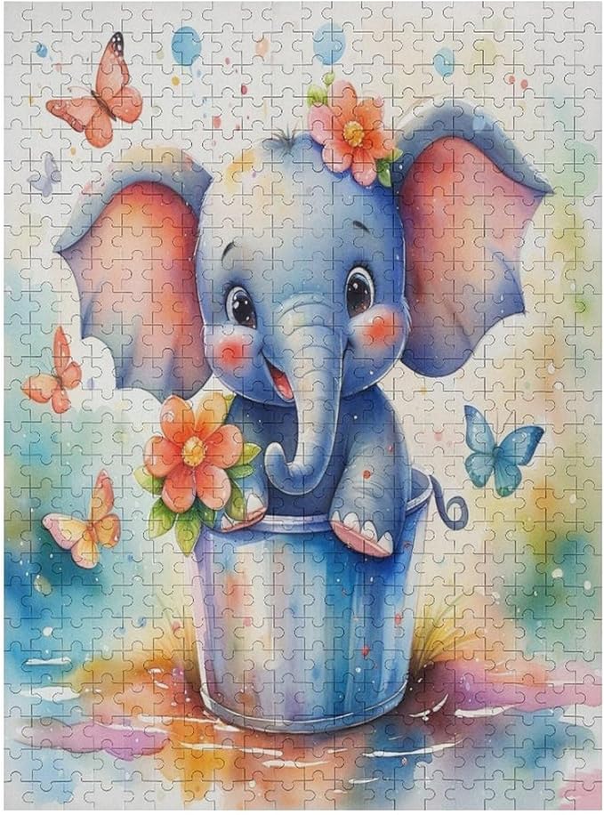 Wooden Puzzles 500 Piece，Colorful Happy Elephant Themed Jigsaw Puzzles，Educational Games，Family Puzzles，Unique Gifts for Wall Art，Funny Puzzles，Stress Relief Games，Puzzle Games