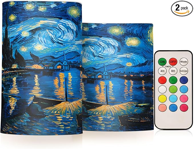 ALAZA Starry Night Over The Rhone Flickering Flameless Candles Battery Operated with Remote Timer,Tea Light Candles LED Pillar Votive Candles Set of 2 for Outdoor Indoor Decorations