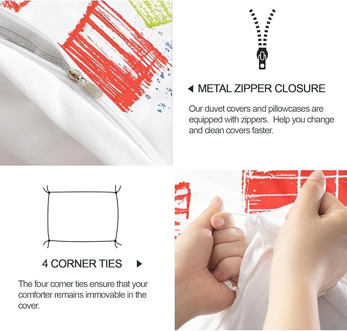 Crane Truck Duvet Cover Twin Size Graffiti Construction Vehicles Bedding Set Machinery Truck Cars Comforter Set Kids Engineering-Themed Comforter Cover Soft Microfiber for Bedroom
