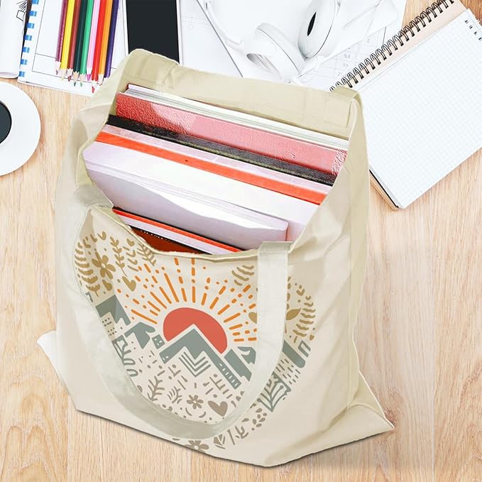 jeilink Cute Mountain Adventure Sunshine Canvas Tote Bag Camping Gifts Weekender Grocery Bags for Women Girls