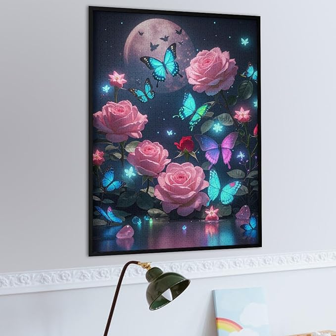 Wooden Puzzles 1000 Piece，Butterfly and Rose Themed Jigsaw Puzzles Challenge Puzzles，Educational Games，Family Puzzles，Unique Gifts for Wall Art，Funny Puzzles