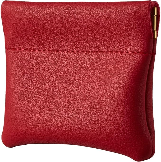 Squeeze Coin Purse Genuine Leather Wallet Compact Change Holder Travel Pouch for Women Gift Box (Red)