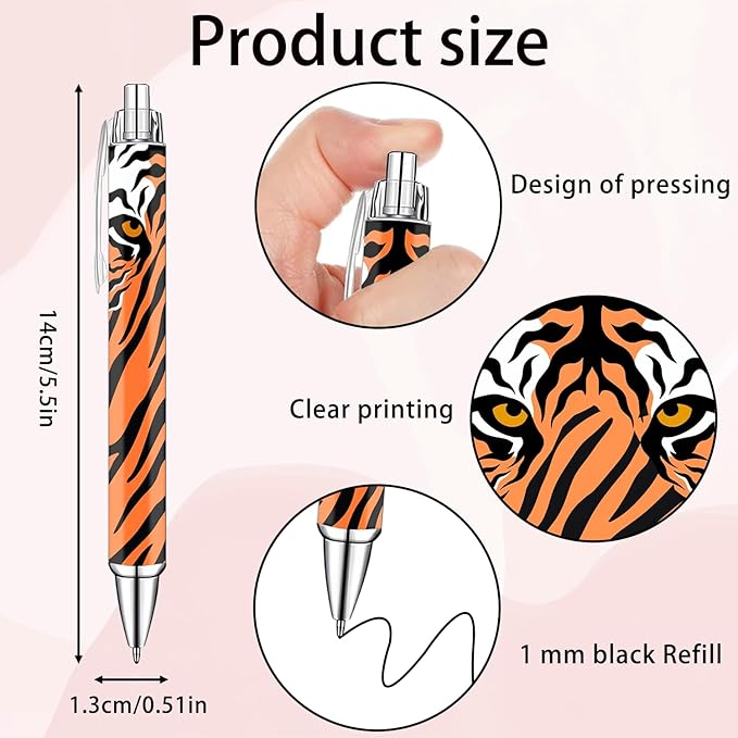 Idealmuzik Tiger Print Pens Set – Wild Animal Pattern Gel Pens for Kids, Teens, and Adults – Stylish Orange & Black Tiger Stripe Stationery for School, Office, Journaling, and Gift Giving, 8 Pack