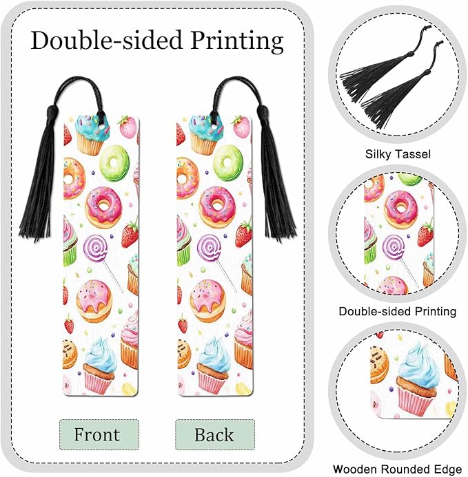 Donuts Bookmarks 5 Pcs Cupcakes Lollipop Strawberry Blueberry Wooden Bookmark with Tassels for Reading Book Lovers Gift Office School Readers Teacher