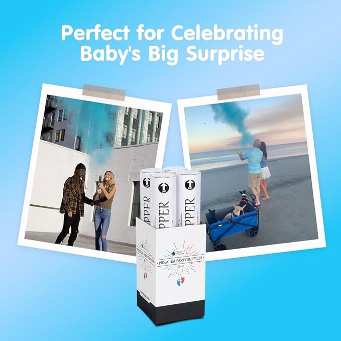 Clover Products Gender Reveal Confetti Poppers – Biodegradable Powder cannon - Blue, 4 Pack - Baby Boy Smoke Bombs - Powder Cannon Party Poppers Blue Party Supplies- Includes FREE “It’s a Boy” Balloon