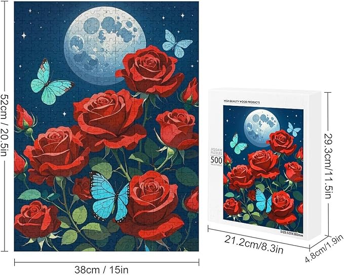 Jigsaw Puzzles for Adults 500 Piece - Butterfly Red Rose Garden Wooden Puzzles, Funny Puzzles，Unique Gifts for Wall Art，Family Puzzles，Educational Games，Challenge Puzzles