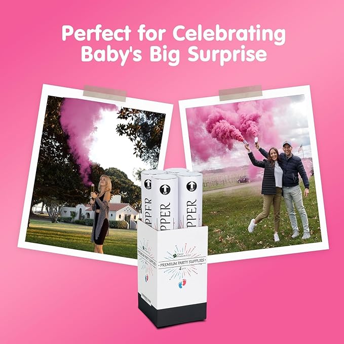 Clover Products Gender Reveal Confetti Poppers – Biodegradable Powder cannon - Pink, 4 Pack - Girl Smoke Bombs - Powder Cannon Party Poppers Pink Party Supplies- Includes FREE “It’s a Girl” Balloon